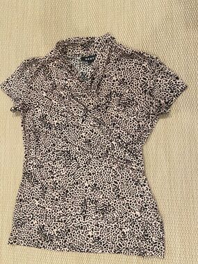 DKNY Black & Cream Animal Print Short Sleeve Wrap Top